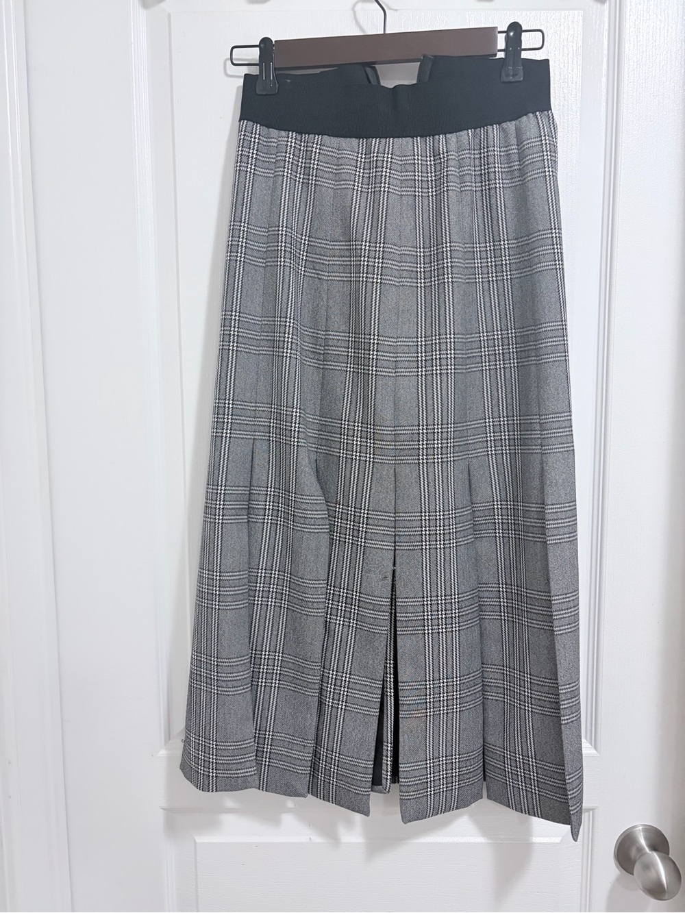 Maje Gray Plaid Midi Skirt with Black Waistband